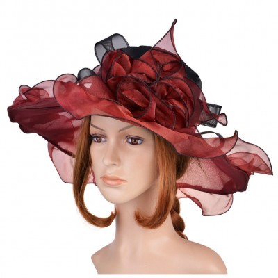 New Kentucky Derby Organza Floral Hat Wide Brim Dress Wedding Tea PartyWine Red 888916440345 eb-41248682
